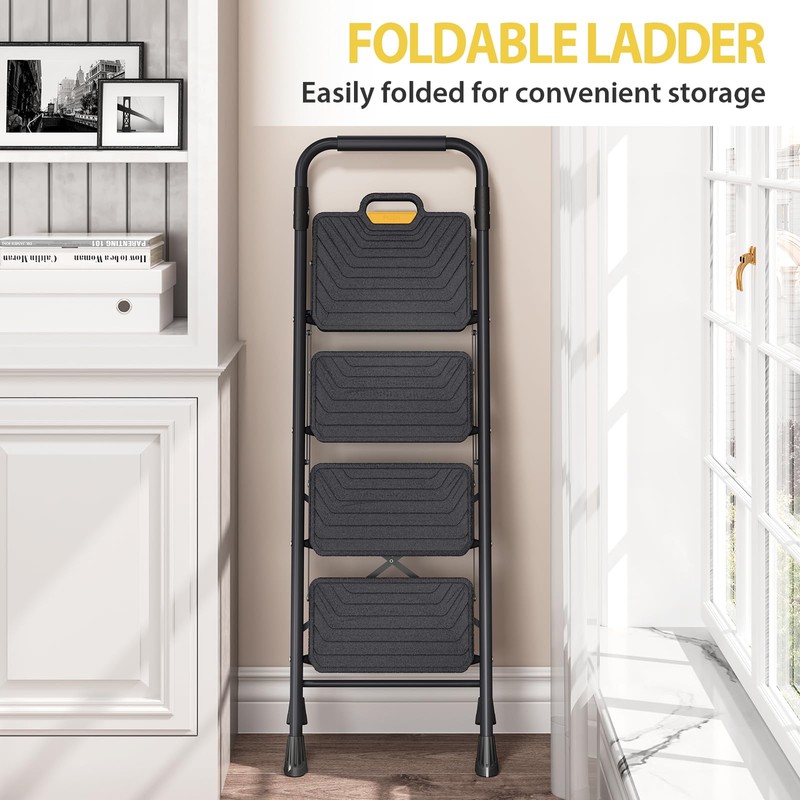 KINGRACK 4 Step Ladder, Sturdy Steel Step Stool with Anti-Slip