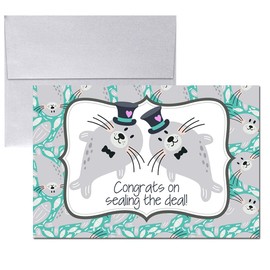 Funny Wedding Cards for Gay Men Newlyweds – Sealing the Deal Silly Seal Themed Greeting for Groom and Groom Wedding Day Congratulations to the Happy Couple 4X6 inch Card with Silver Envelope Included