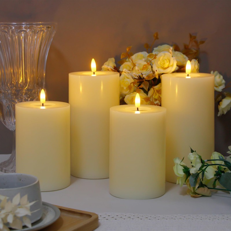 Zevanor Flameless Flickering 4" x8" Real Wax Ivory Remote Candles