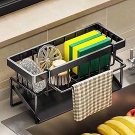 Kitchen Sink Caddy, Stainless Steel Sink Organiser with Drip Tray, Kitchen Sink Countertop Sponge Organizer Holder for Bathroom Kitchen Sink Dish Soap Dispenser Cleaning Towel Organizer