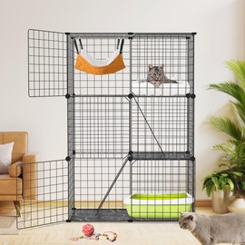 Large 3-Tier Cat Cage & Enclosure - Detachable Indoor Cat Playpen with 3 Doors & 2 Ramps, Metal Wire Cat Crate House Box for 1-2 Cats, Ferrets, Small Pets, 28.2" L x 14.0" W x 42.1" H, Black