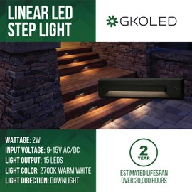 GKOLED 6-Pack Low Voltage 9-15V AC/DC LED Linear Step Lights, 2W Landscape Cutoff Stair Riser Light, Outdoor Waterproof Accent Lighting Fixtures, Die-cast Aluminum with Black Powder Coated Finish