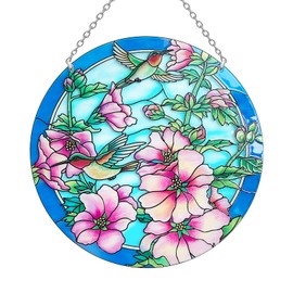 Blue Larger Size Hummingbird Suncatcher - 8.6’’ Stained Glass Window Hangings - Colorful Flower Suncatchers for Windows, Stained Glass Birds Hummingbird Gifts for Mom (Large)