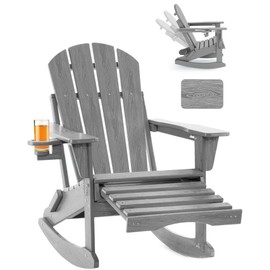 Serique Adjustable Adirondack Rocking Chair with Retractable Ottoman, 4-in-1 Multifunctional Folding Patio Chair with Cup Holder, Outdoor Chair Wood Texture for Lawn, Porch, Backyard, Pool(Grey)