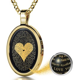 NanoStyle Gold Plated Silver Love Necklace I Love You inscribed in 120 languages in Pure Gold on a Romantic Onyx Anniversary Birthday Gift Pendant for Wife, 18" Chain
