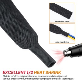 Black 2:1 Ratio Automotive Heat Shrink Braided Sleeving,Wear-Resistant Flat Woven Shrinkable Sleeve Fabric Car Cable Wires Hoses Protection (1-1/8"-35ft)