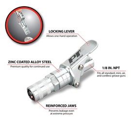 Performance Tool W54238 Heavy Duty Grease Coupler for Grease Guns, 12,000 PSI, Zinc Coated Alloy Steel, Smooth Retraction Mechanism, 1/8 NPT