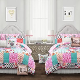 Lush Decor Multicolor Brookdale Comforter-Colorful Patchwork Pattern Reversible 5 Piece Dorm Bedding Set-Full Queen