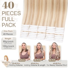 Elailite Tape in Hair Extensions Real Human Hair 40 Pcs Balayage - Seamless Skin Weft Remy Long Hair Extension (#18/613 Ash Blonde Mix Bleach Blonde, 22 Inch-100g)