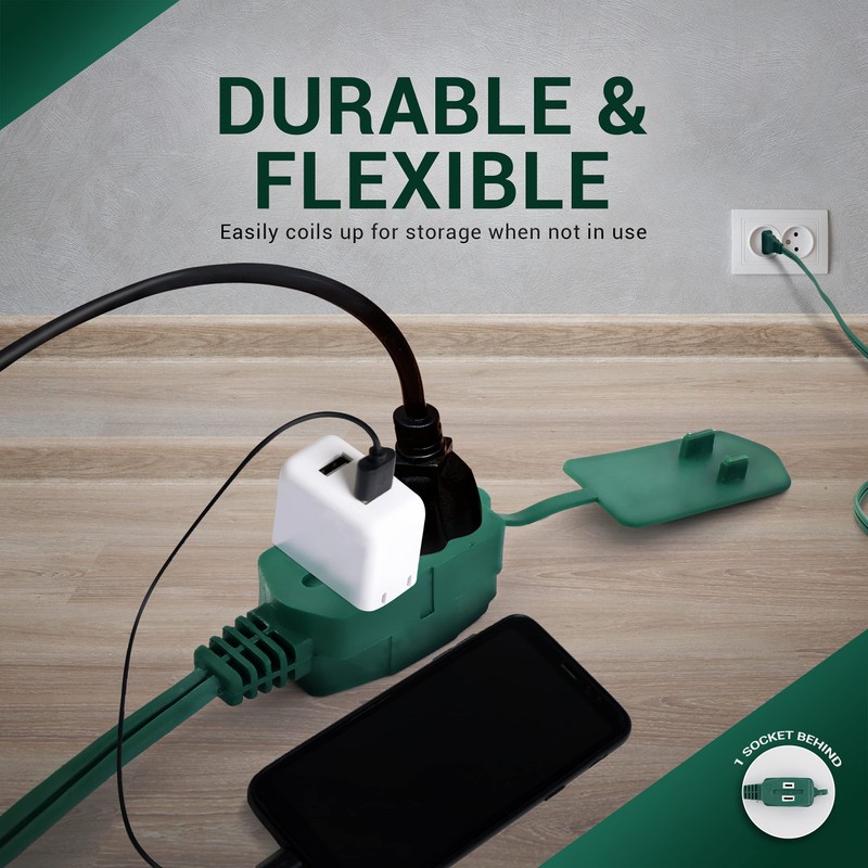 15 Feet Green Extension Cord for Christmas Tree, 3 Outlet,