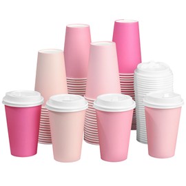 Purhapfre 40 Pcs 12 oz Pink Disposable Coffee Cups with Lids Hot Pink Light Pink Gradient Paper Cups for Hot and Cold Beverage Water Juice Coffee Tea Party Wedding Bride Shower Supplies …