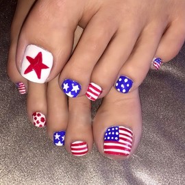 July 4th Press-On Toenails Short Square False Toenails Glossy Red Blue and White Acrylic Independence Day Flag Pattern Full Coverage Artificial Toenail Stickers for Women and Girls 24 Pieces