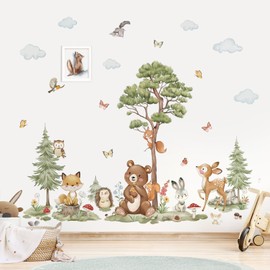 wondever Wall Sticker Forest Animals Tree Large Pine Wall Sticker Animals Bear Fox Deer Wall Sticker Wall Decoration for Children's Room Girls Baby Room