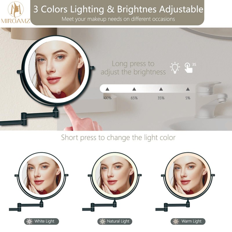 MIROAMZ Rechargeable Wall Mounted Lighted Makeup Vanity Mirror 8 Inch