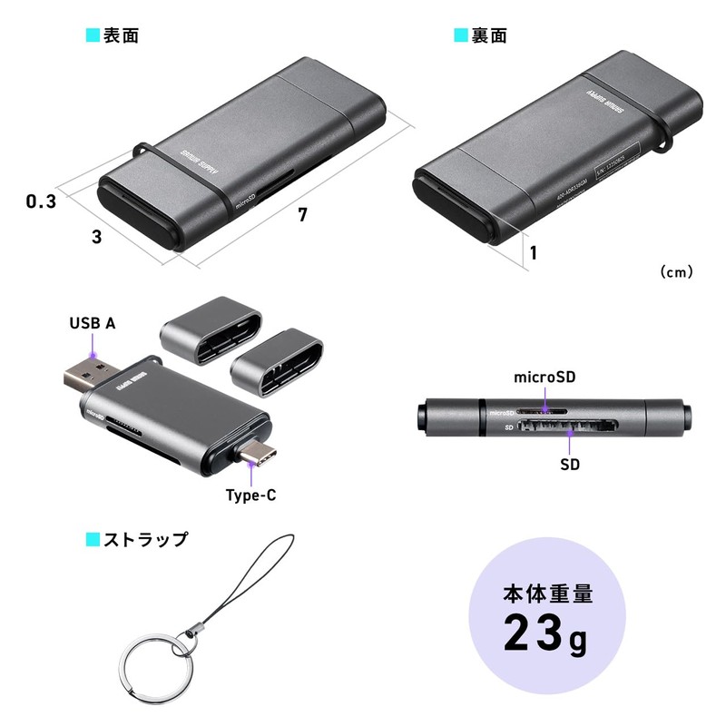 Sanwa Direct 400-ADR338GM SD Card Reader, USB-A Type-C Connection, UHS-II