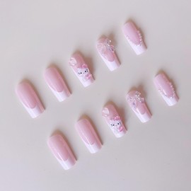 24pcs Cute Press on Nails - Pink French Press On Nails Square 3D Pink Bow KT Y2k Nail Tips Cute False Nails Girl Fashion Design French Nails Stick On Nails Fake Nails Kit, for Women Gifts
