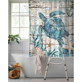 Coastal Turtle Split Shower Curtain for Bath Transfer Benches, Waterproof Farmhouse Nautical Bath Curtains with 2 Vertical Slits, Starfish Shells Anchor Bathtub Shower Curtains for Bathroom 72"x72"