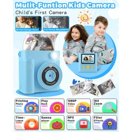 Children's Instant Camera, 1080P Children's Camera, Instant Camera with 32 GB Card and Printing Paper, 16 x Digital Camera Children, Gifts for Boys and Girls 3-12 Years