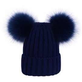 LAUSONS Women's Warm Winter Ribbed Knit Bobble Hat with Navy Faux Fur Double Pom Pom Beanie