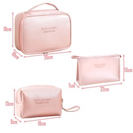 LEcylankEr 3 Pcs Cosmetic Bag, Portable Travel Make Up Bag, PU Waterproof Cosmetic Bag Set, 1 Large + 2 Small Toiletry Bags, pink, modern minimalist