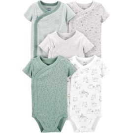 Simple Joys by Carter's Baby 5-Pack Short-Sleeve Bodysuit, Green/Grey Forest Animals/Light Grey Heather/Mint Green Stripe/White Llama, 0-3 Months