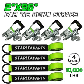 Premium Wheel Straps (4PK) - 10,000lb Guaranteed Max Break Strength - 2" Ratchet with G70 Chain Anchor Hook and 2" X8ft Lasso Strap, Perfect Car Tie Down Straps for Truck, Cars, UTV(Green)