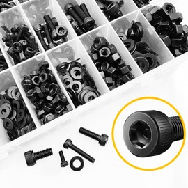 Mywish 900Pcs M3 M4 M5 M6 Metric Screws Assortment, Grade 12.9 Alloy Steel, Nuts and Bolts Hex Socket Head Cap Metric Bolts & Nuts & Flat Washers Kit, Black Zinc Palted, Anti Rust Machine Screws