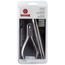 Mundial Nail Care 3 Piece Set - Professional Stainless Steel Cuticle Nippers with Double Nail Spatula and Pusher, Manicure, and Pedicure Trimmer Kit