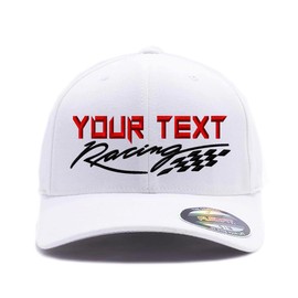 Custom Embroidered Racing Flex Wooly Combed Baseball Hat. Your Racing Logo or Name here. (White, S/M)