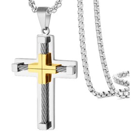 JUNOVUROS 20 to 28 Inches Rolo Chain and Byzantine Chain 316L Stainless Steel Cross Pendant Necklace for Men Boys with Large and Medium Sizes with Black Silver and Gold Plated