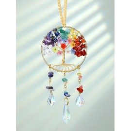 JOVIVI Chakra Crystals Tree of Life Suncatcher Hanging Ornaments Gifts for Women,Healing Crystal Gemstone Chakra Gifts,Sun Catchers for Windows Garden Wall Home Car Decor