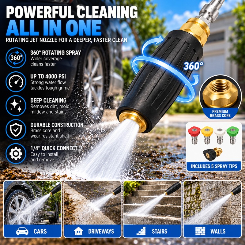 Turbo Nozzle for Pressure Washer – 360° Rotating Brass Sprayer