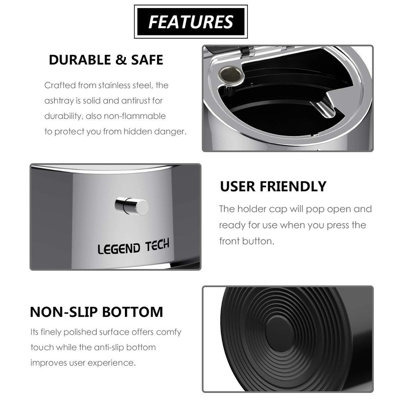 LegendTech Stainless Steel Ashtray with Lid, Portable Windproof Ashtray Large