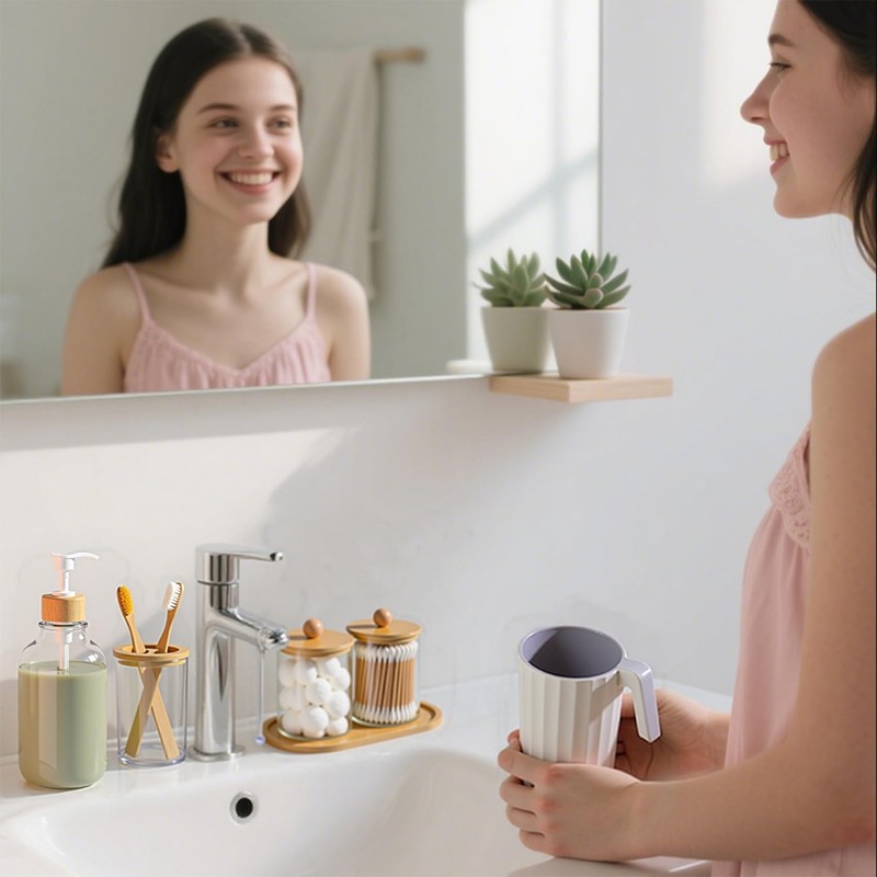 5 Pack Bamboo Bathroom Accessories Set with Tray - Plastic