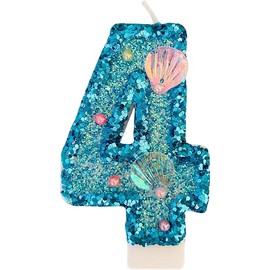 Blue Number Candle,Shell Sequins Number Candles for Birthday Cakes Mermaid Themed Party Supplies Number 4 Candle