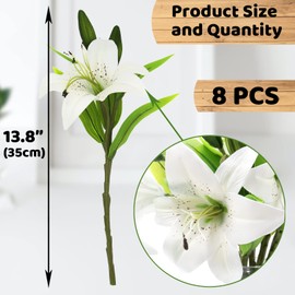 Hananona 8 Pcs Artificial Tiger Lily Real Touch Lily Easter Lily Fake Spring Flowers for Wedding Home Party Easter Decoration Plastic Lily Faux Flowers (White, 8)