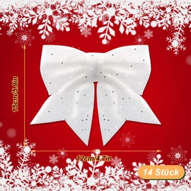 KASURE Pack of 14 12 x 15 cm Christmas Bows White Bows Christmas Glitter Bows Christmas Tree Decoration for Home Festival Party Tree Wreath Decorations