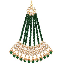 Aheli Faux Kundan Pearls Maang Tikka Matha Patti Indian Traditional Bollywood Jewelry for Women Girls (Green)