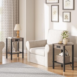 HOOBRO Side Table with Charging Station, Set of 2 End Tables with USB Ports and Outlet, Nightstand with 2-Tier Storage Shelf, for Living Room, Bedroom, Small Space, Greige and Black BG91UBZP201