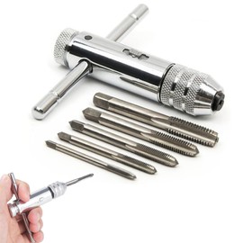 6 Piece Tap Set, Tap Wrench, M3 M4 M5 M6 M8 HSS Thread Milling, T-Handle Ratchet Tap Cutter, Holder Wrench, Tool Holder with Reversible Ratchet Head