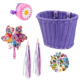 Kids Bike Basket, Bike Basket Front Bike Accessories for Girl Boys, Woven Bicycle Basket with Stickers, Bike Bell, Windmill, and 1pairs Purple Tassels