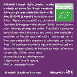 Organic Milk Thistle Capsules - Ecologically Sustainable in Flow Pack - Pure Milk Thistle Extract 100% Organic without Additives | 120 Capsules High Dose - 900 mg Daily Dose Silymarin - 100% Vegan