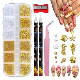 3D Beach Nail Charms Golden Seashell Tropical Ocean Pearls Beads