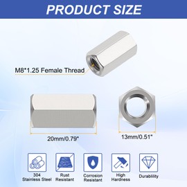 HiPicco Hex Coupling Nuts, M8 x 1.25-Pitch UNC 20mm/0.79" Length, 5 Pack 304 Stainless Steel Rod Coupling Nut for Threaded Rods & Studs