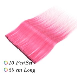 10Pcs 20" Rainbow Color Straight Hair Extensions Clip in Multi-Color Synthetic Coloured Clip on Hair Extension Party Highlights Hairpiece #Hot Pink&Pink