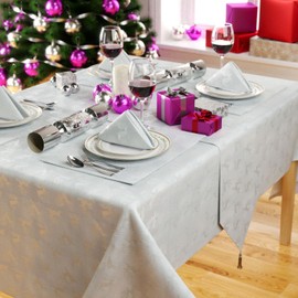Celebright Christmas Tablecloth - Rectangular 52 x 70 inches (132 x 178 cm) - Ideal for 4-6 Dinner Place Settings - Embossed Metallic Deer Design - White & Metallic Silver