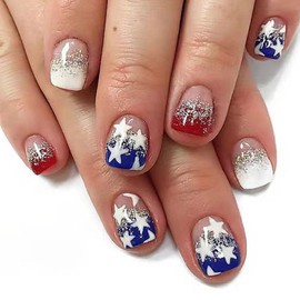 4th of July Press on Nails Short Square Fake Nails with Glitter Star Designs Independence Day Glue on Nails Press ons Red Bule White French Tip False Nails Translucent Stick on Nails for Women 24 Pcs