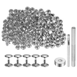 HARFINGTON 200 Sets Leather Rivets 12mm x 10mm Metal Double Cap Rivet Snaps Studs Fasteners with 3pcs Setting Tools Rivets for Leather Craft DIY Repair Decoration, Silver Tone