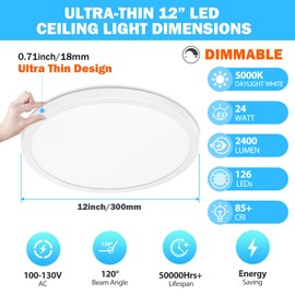 SunRider 2-Pack LED Flush Mount Ceiling Light, 12 Inch 2400LM, 5000K Daylight White, 24W Dimmable Modern Slim Round Flat Lights for Bedroom Hallway