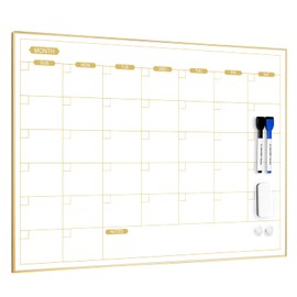 ARCOBIS Monthly Calendar Whiteboard, 24" x 18" Magnetic Dry Erase Calendar with Gold Frame, Wall Hanging Planner for Home, Office, School